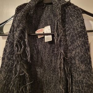 Vintage Mossimo sweater vest open cardigan fringe duster black grey size medium